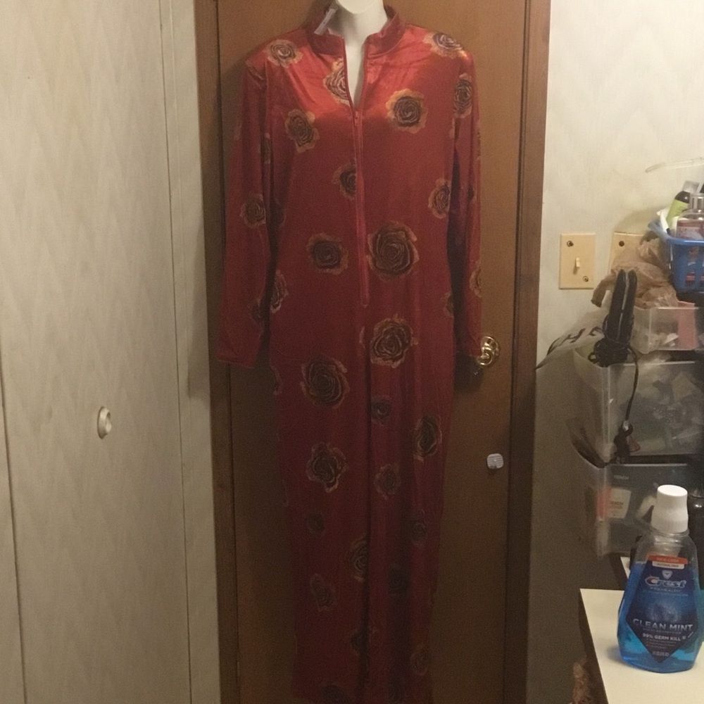 Oyrosy Elegant Red Floral Rose Velvet Zip up  Long Sleeve  Retro Jumpsuit M - Picture 10 of 13